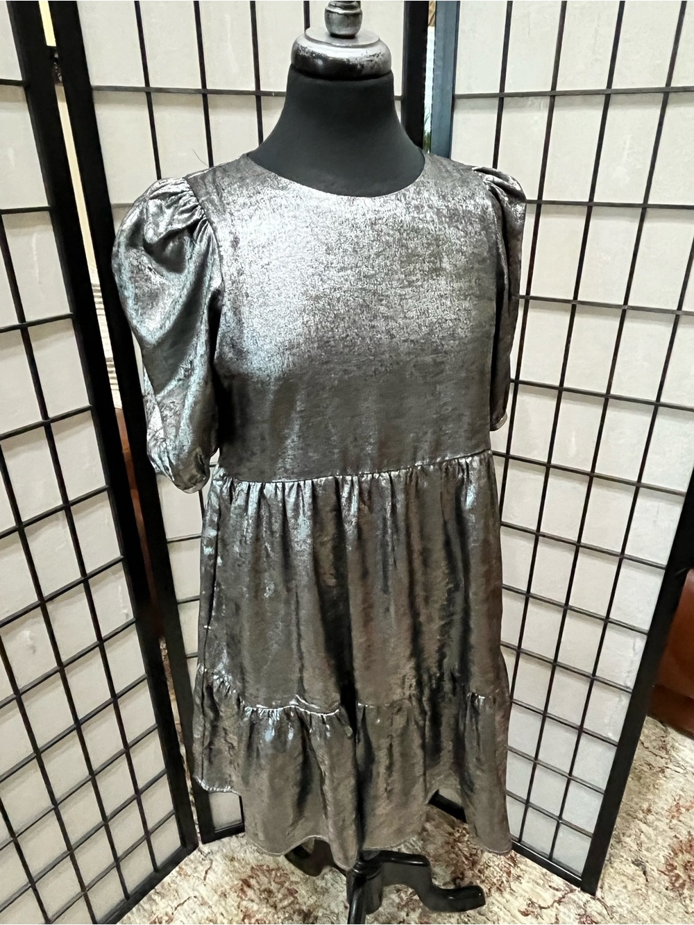 TCEC Metallic Silver Puff-Sleeve Tiered Dress women SIZE M - Picture 9 of 13